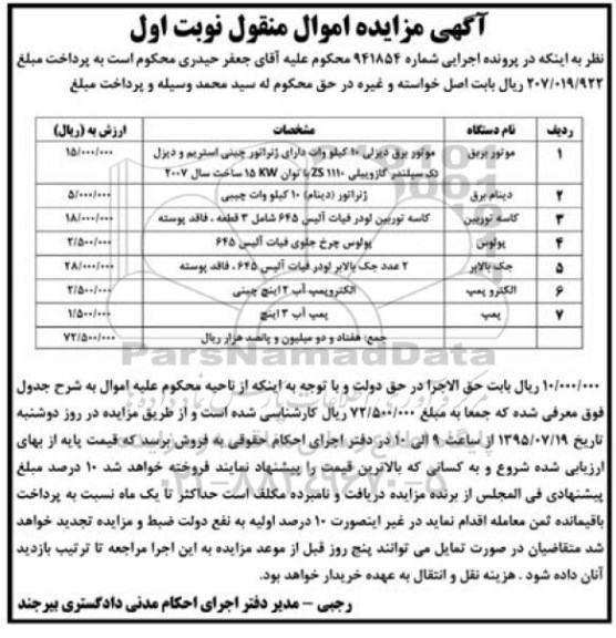 مزایده اموال منقول , مزایده اموال منقول موتور برق ، دینام برق و ...