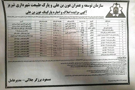 مزایده , مزایده املاک و اجاره پارکینگ عون بن علی