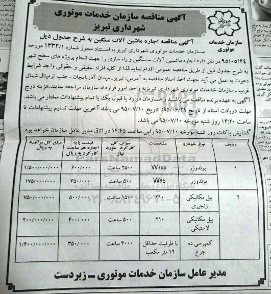 آگهی مناقصه عمومی, مناقصه اجاره ماشین آلات سنگین