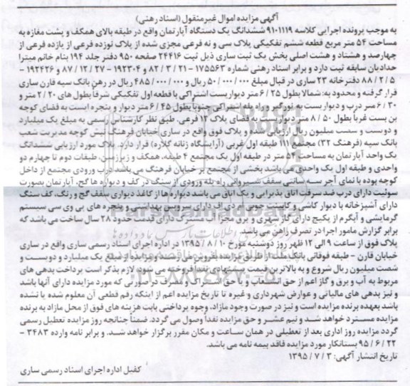 مزایده,مزایده ششدانگ اپارتمان طبقه بالای همکف و پشت مغازه