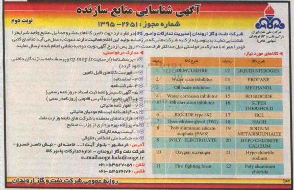 آگهی شناسایی منابع سازنده, مناقصه تامین LIQUID NITROGENو ...نوبت دوم 