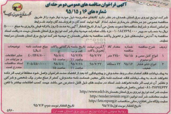 آگهی فراخوان مناقصه های عمومی دو مرحله ای , فراخوان مناقصه  انواع کابل مسی و آلومینیوم...