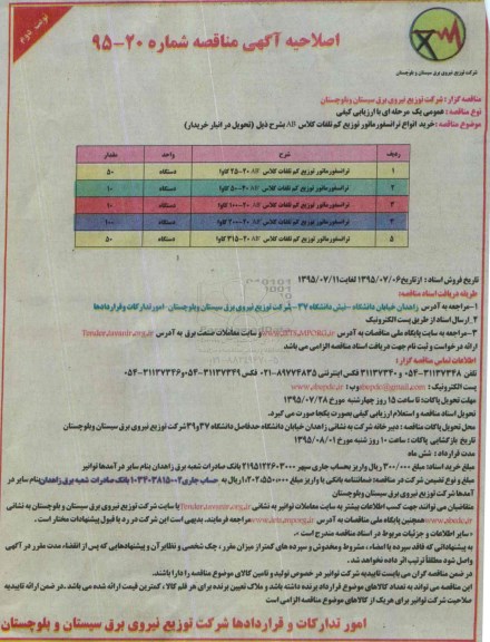 اصلاحیه آگهی مناقصه , مناقصه خرید انواع ترانسفورماتور توزیع کم تلفات نوبت دوم 