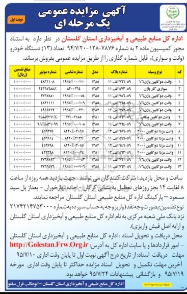 آگهی مزایده عمومی, مزایده فروش تعداد 13 دستگاه خودرو (وانت و سواری)