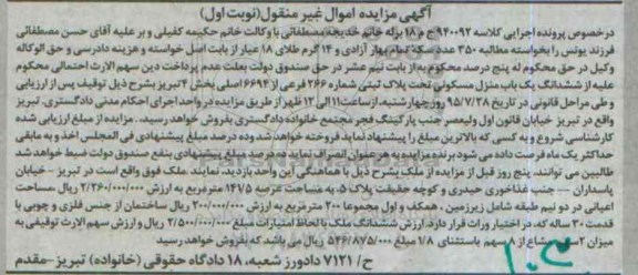 مزایده,مزایده ششدانگ منزل مسکونی بخش 4 تبریز نوبت اول