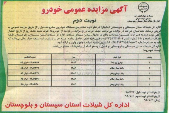 مزایده تعداد 5 دستگاه خودرو  - نوبت دوم 