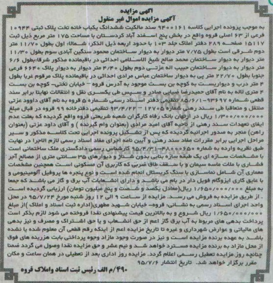 مزایده,مزایده سند مالکیت ششدانگ یکباب خانه صد و هفتاد و پنج متر 