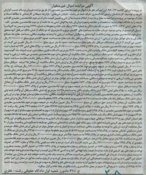 مزایده,مزایده یک باب دکان و یک باب خانه کلاسه 940043 