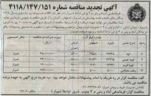 آگهی تجدید مناقصه,تجدید مناقصه خرید لپه و لوبیاچیتی و ...