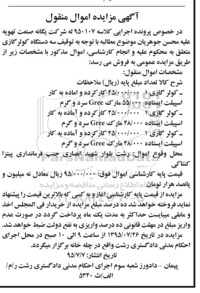 مزایده انواع کولر گازی و انواع اسپیلت ایستاده