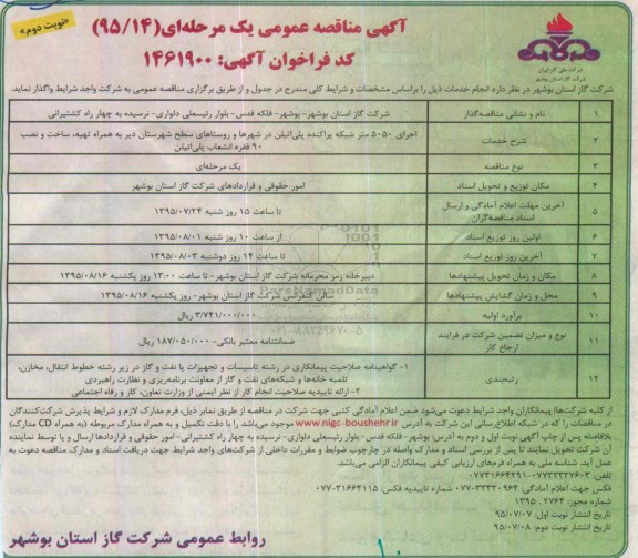 آگهی مناقصه عمومی, مناقصه اجرای 5050 متر شبکه پراکنده پلی اتیلن نوبت دوم