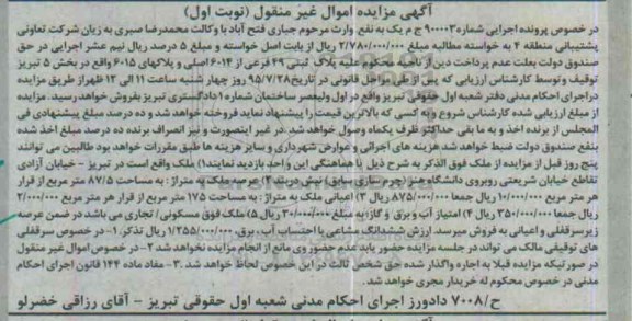 مزایده,مزایده ملک واقع خیابان آزادی کلاسه 900003 ج نوبت اول