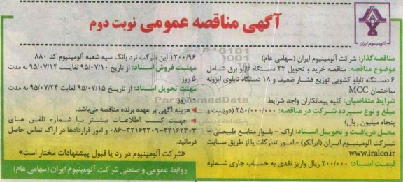 آگهی مناقصه ، مناقصه خرید و تحویل 24 دستگاه تابلو برق - نوبت دوم 