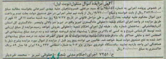 آگهی مزایده اموال منقول,مزایده یک دستگاه خودرو سواری پژو 206