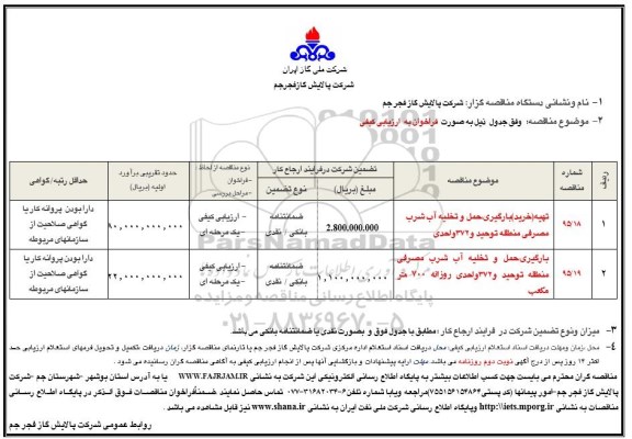 آگهی مناقصه, مناقصه تهیه (خرید) بارگیری، حمل و تخلیه آب شرب مصرفی .... 