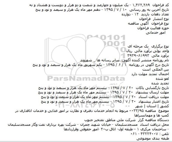 آگهی مناقصه,مناقصه انجام خدمات دفتری و نظارت بر امور غذایی و خدمات اتاقداری
