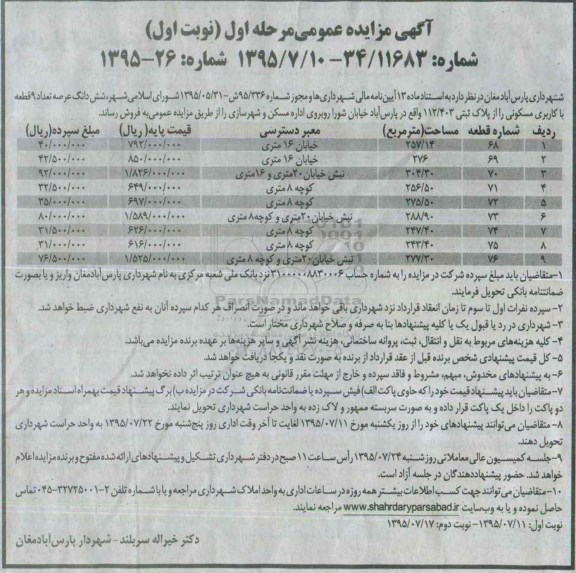مزایده,مزایده ششدانگ عرصه تعداد نه قطعه با کاربری مسکونی