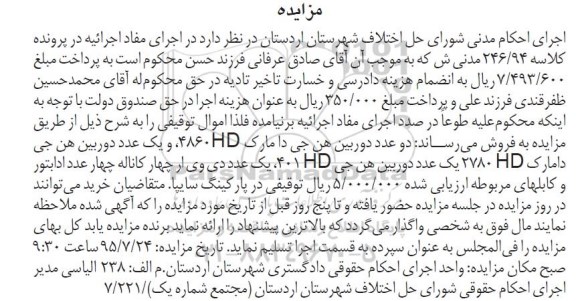 مزایده, مزایده تعدادی دوربین هن جی دا و کابل های مربوطه