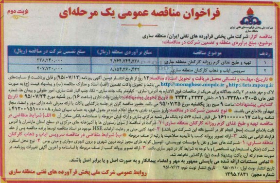 فراخوان مناقصه عمومی یک مرحله ای, فراخوان مناقصه تهیه و طبخ غذای گرم و سرویس ایاب و ذهاب- نوبت دوم 