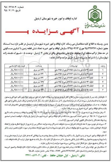 مزایده,مزایده واگذاری تعداد شش قطعه زمین با کاربری مسکونی 