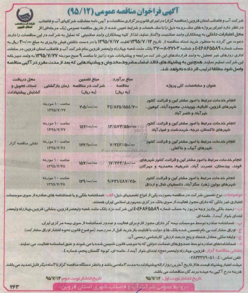 آگهی فراخوان مناقصه عمومی , فراخوان مناقصه انجام خدمات مرتبط با امور مشترکین و قرائت کنتور شهرهای... نوبت دوم