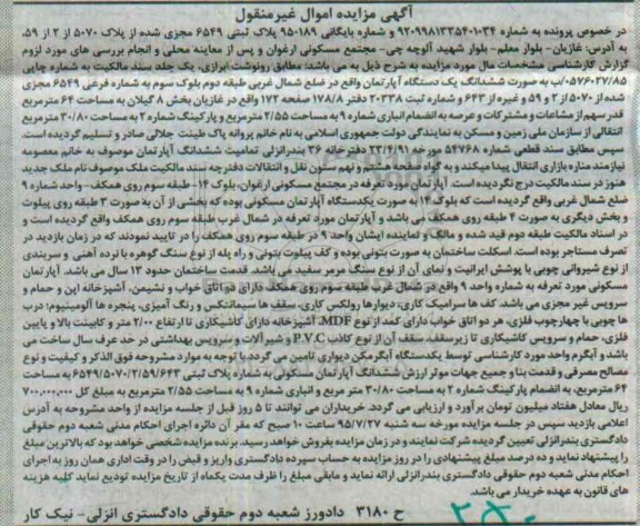 مزایده,مزایده ششدانگ اپارتمان ضلع شمال غربی طبقه دوم بلوک سوم