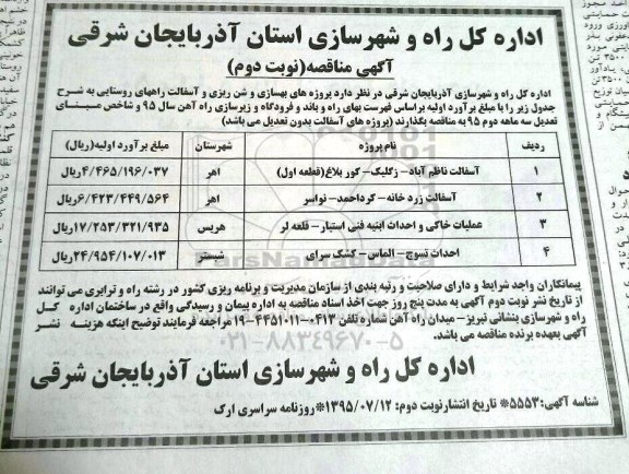 آگهی مناقصه, مناقصه بهسازی و شن ریزی و آسفالت راههای روستایی  نوبت دوم 