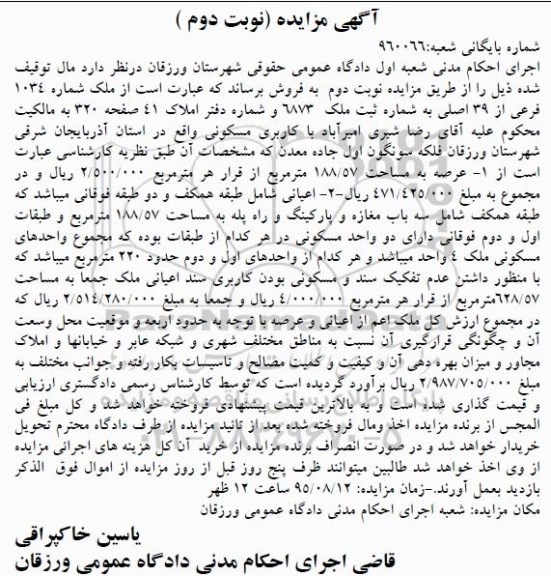 مزایده,مزایده ملک شماره 1034 فرعی از سی ونه اصلی نوبت دوم