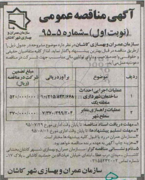 آگهی مناقصه عمومی, مناقصه عملیات اجرایی احداث ساختمان شهرداری منطقه یک 
