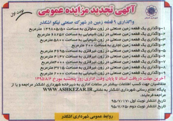 آگهی مزایده عمومی , تجدید مزایده واگذاری 9 قطعه زمین در شهرک صنعتی نیکو اشکذر 