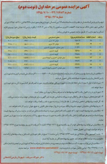 مزایده,مزایده ششدانگ عرصه تعداد نه قطعه با کاربری مسکونی نوبت دوم