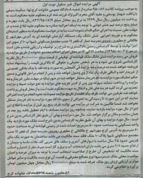 مزایده,مزایده ششدانگ اپارتمان قولنامه ای مساحت 50متر نوبت اول