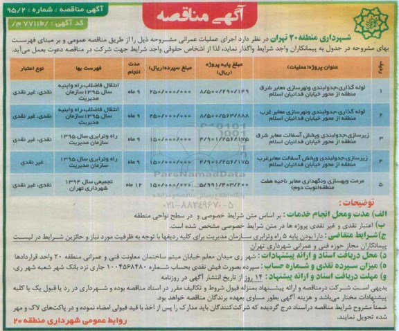 آگهی مناقصه عمومی ,مناقصه لوله گذاری، جدولبندی و نهرسازی معابر شرق منطقه و.... 