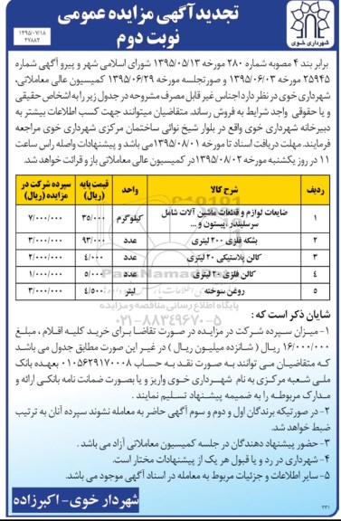 آگهی تجدید مزایده عمومی,تجدید مزایده ضایعات لوازم و قطعات ماشین آلات و ...نوبت دوم