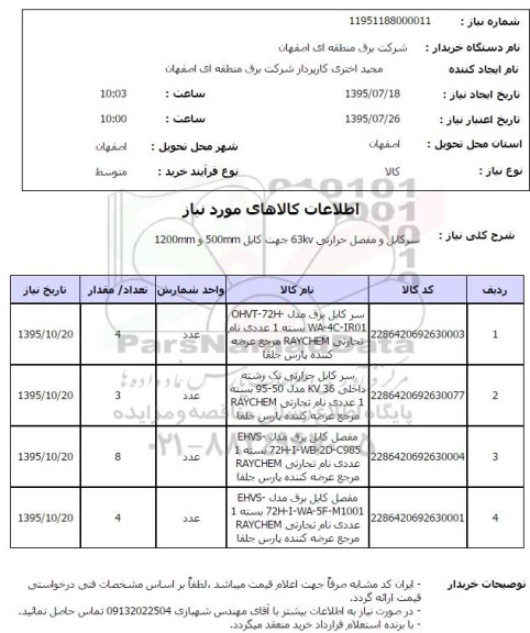 استعلام , استعلام سرکابل و مفصل حرارتی ....