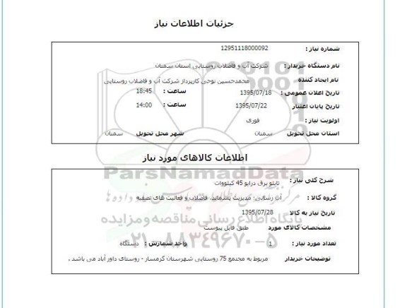 استعلام , استعلام تابلو برق درایو 45 کیلو وات