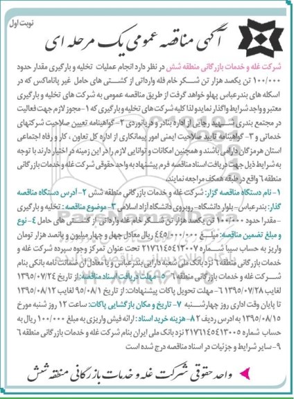 مناقصه عمومی , مناقصه عمومی انجام عملیات تخلیه و بارگیری مقدار حدود 100.000 تن یکصد هزار تن شکر ..