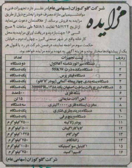 آگهی مزایده , مزایده تجهیزات فنی و مواد شیمیایی مازاد مصرف 