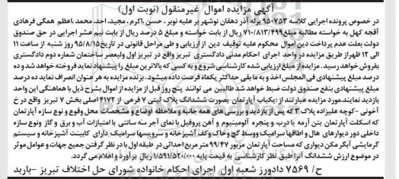 مزایده,مزایده اپارتمان به صورت ششدانگ پلاک ثبتی نوبت اول