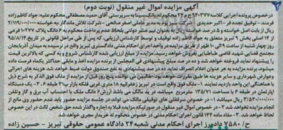 مزایده,مزایده ملک اپارتمان در طبقه شش نوبت دوم