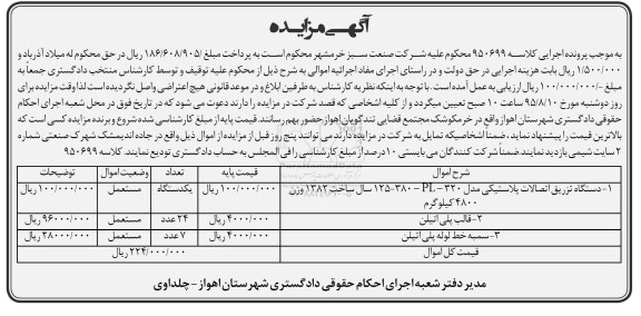 آگهی مزایده , مزایده فروش دستگاه تزریق اتصالات پلاستیکی ، قالب پلی اتیلن ، سمبه خط لوله پلی اتیلن