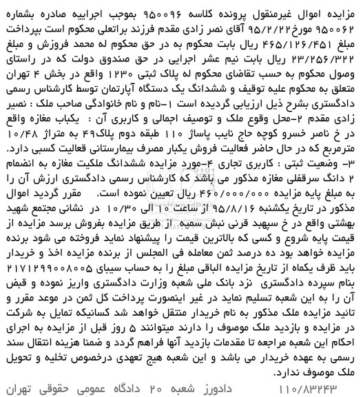 مزایده,مزایده یکباب مغازه متراژ 10.48متر
