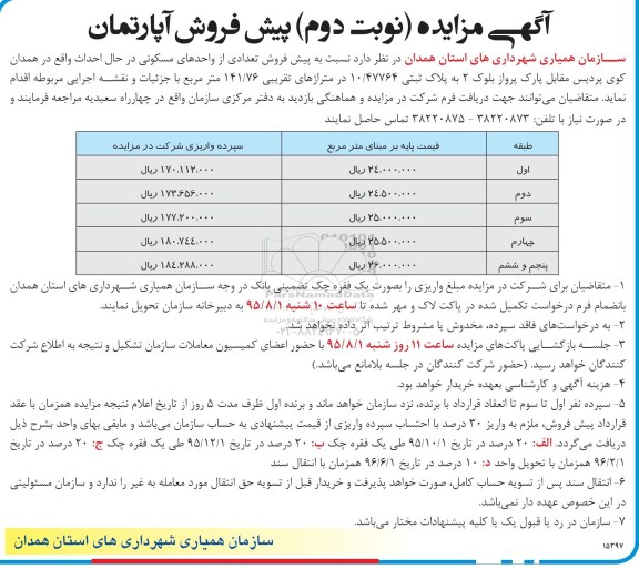 مزایده,مزایده پیش فروش تعدادی از واحدهای مسکونی در حال احداث نوبت دوم