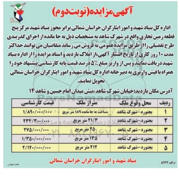 مزایده,مزایده 5 قطعه زمین تجاری نوبت دوم
