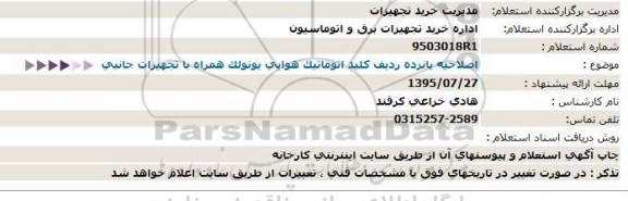 اصلاحیه استعلام, استعلام  پانزده ردیف کلید اتوماتیک 95.7.24