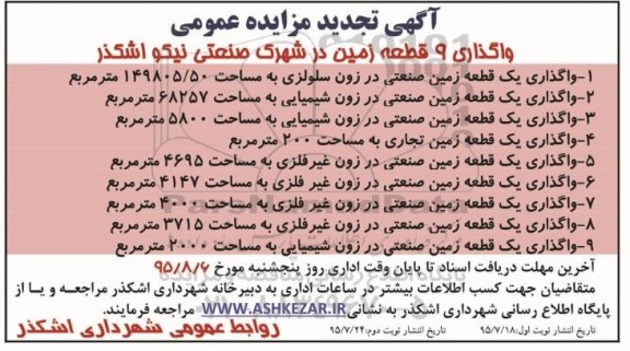 مزایده,مزایده واگذاری 9 قطعه زمین در شهرک صنعتی نیکو اشکذر
