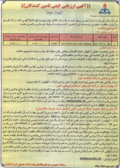 آگهی ارزیابی کیفی تأمین کنندگان و سازندگان , ارزیابی کیفی تامین SET OF KEYS NUTS AND WASHERS- نوبت دوم 