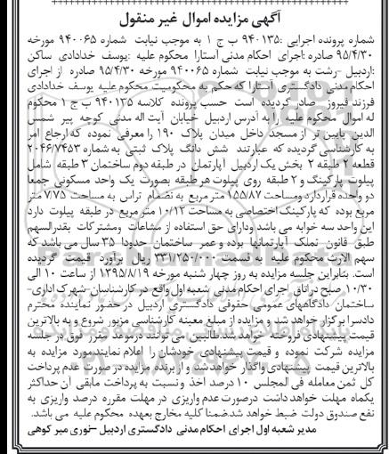 مزایده,مزایده پلاک ثبتی قطعه دو طبقه دو بخش یک اردبیل