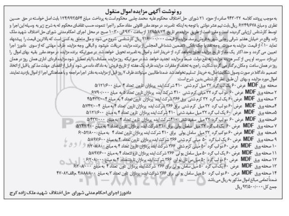 مزایده,مزایده فروش صحفه ورق MDF