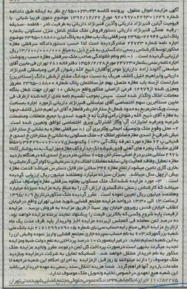 مزایده,مزایده ملک مشاع شامل منزل مسکونی و سرقفلی مغازه